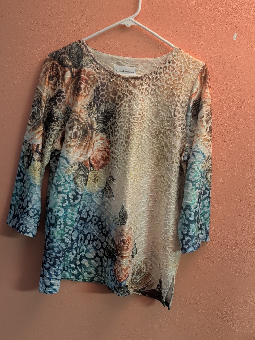 Alfred Dunner Floral Ombre 3/4 Sleeve Tunic in Blue, Teal, Cream, Brown